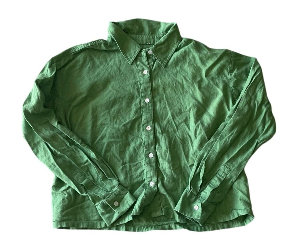 Ann Taylor Green Linen Blend Crop Shirt Size Medium Sustainable Vactation Staple
